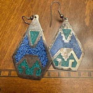 Vintage Mexican, alpaca, silver geometric earrings turquoise and lapis inlay